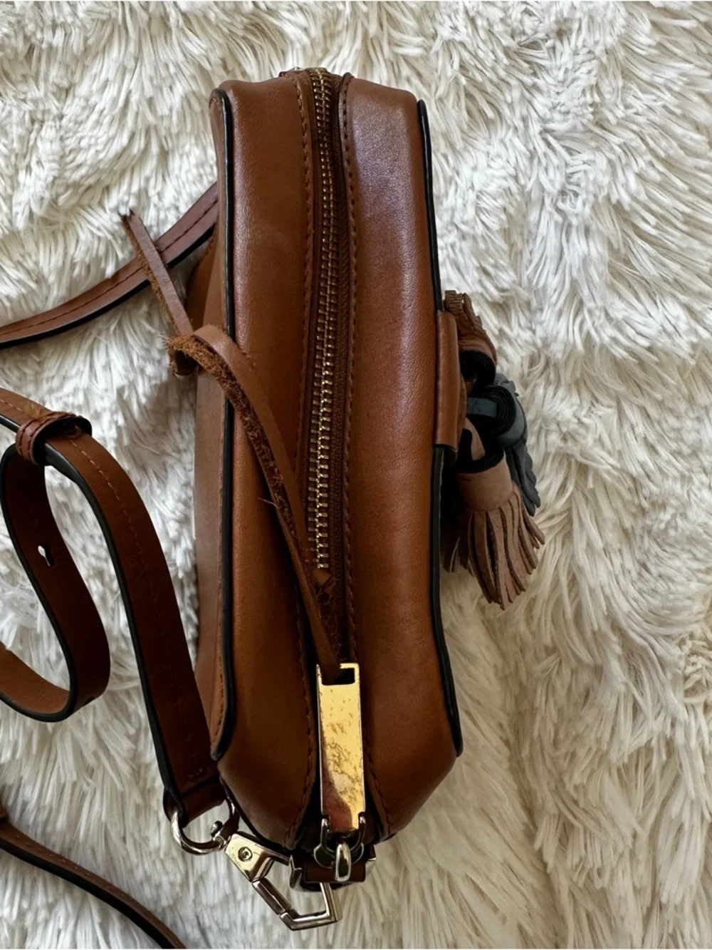 Rebecca Minkoff Mini Sofia Brown Leather Tassel Crossbody Bag Adjustable Strap